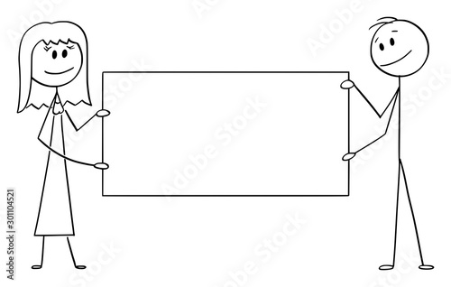 Vector cartoon stick figure drawing conceptual illustration of couple of man and woman holding big empty sign.