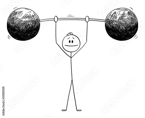 Vector cartoon stick figure drawing conceptual illustration of man or businessman lifting heavy weight. Business concept.