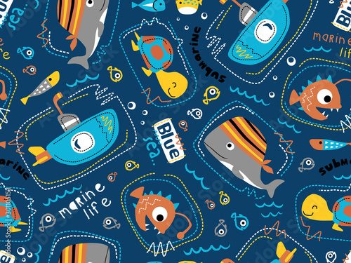 seamless pattern vector of submarine with sea animals cartoon