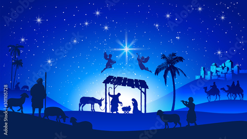 Fotografia Christmas Nativity Scene with Manger Silhouette