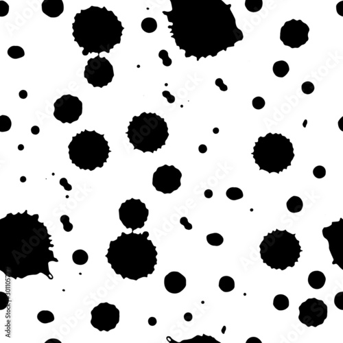 Abstract simple trendy seamless pattern.  Black and white.  Brush strokes, ink blots, hand drawn in doodle style. Modern textile, packaging, wrapping paper.