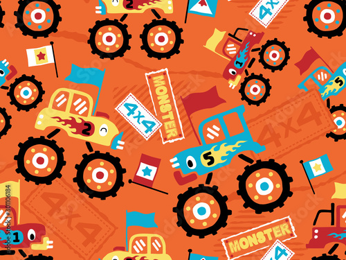 seamless pattern vector of monster truck cartoon