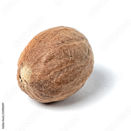 Closeup of single whole nutmeg, isolated on white background.
