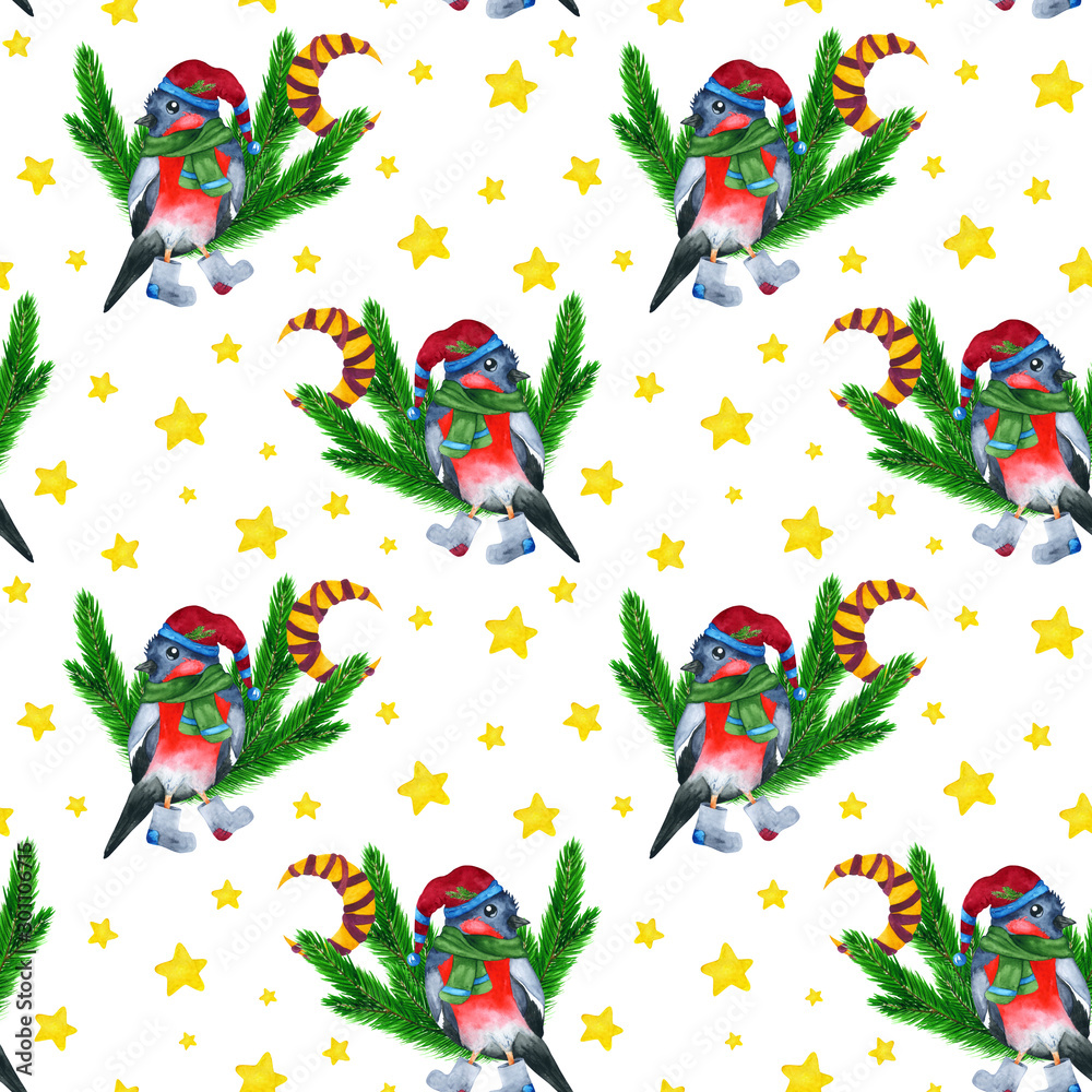 Bullfinch in a hat and felt boots with spruce branches on a white background. Bullfinch in a hat and felt boots with spruce branches on a white background.