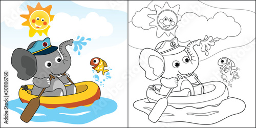 vector cartoon of cute elephant on inflatable boat with a little fish at summer, coloring book or page