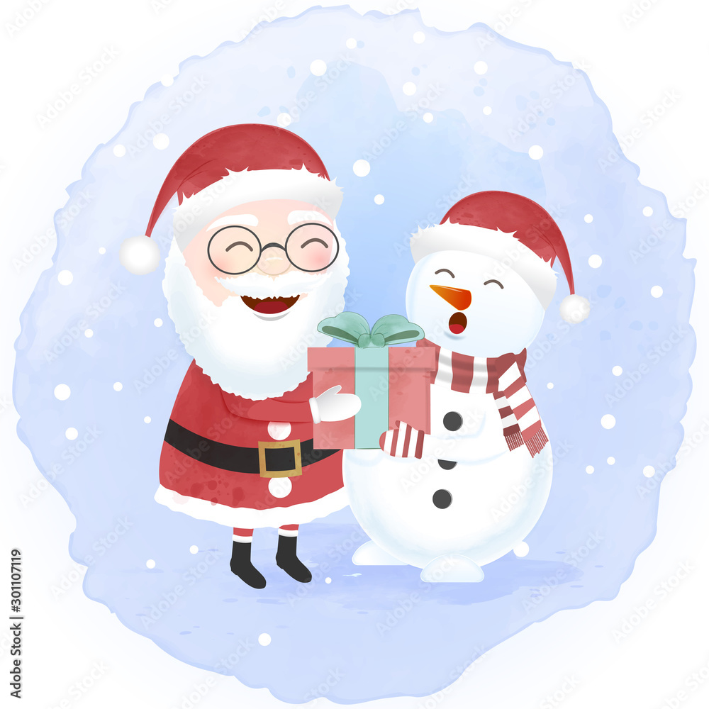 Santa and Snowman holding gift box cartoon hand drawn. Christmas background Santa and Snowman holding gift box cartoon hand drawn. Christmas background