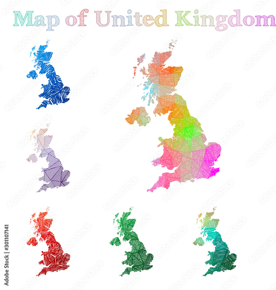 Obraz premium Hand-drawn map of the United Kingdom. Colorful country shape. Sketchy United Kingdom maps collection. Vector illustration.