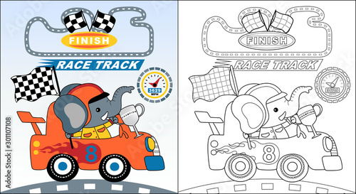 vector cartoon of cute elephant the car racing winner with a trophy, coloring book or page