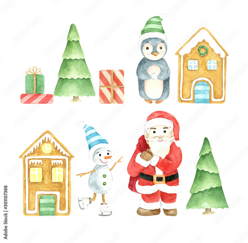 Christmas winter illustration set. Santa Claus with presents, penguin, skating snowman, gingerbread houses and Christmas trees. Cartoon character. Watercolor illustration. Isolated object.