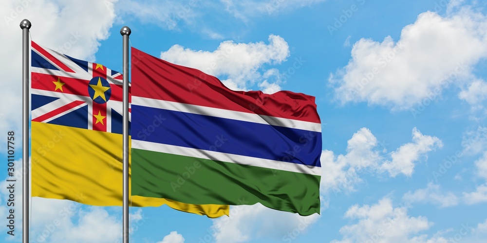 Niue and Gambia flag waving in the wind against white cloudy blue sky together. Diplomacy concept, international relations.