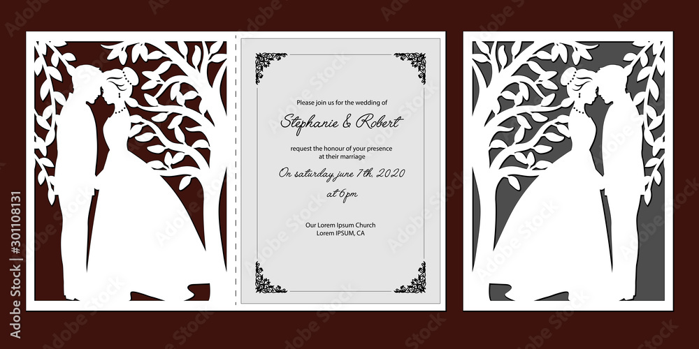 Laser cut template of wedding invitation with bride, groom. Card with openwork vector silhouette of tree with branches, leaves. Couple in love in lace decor panel. Faces in profile at Valentine's day. - obrazy, fototapety, plakaty 