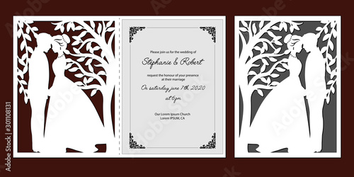 Laser cut template of wedding invitation with bride, groom. Card with openwork vector silhouette of tree with branches, leaves. Couple in love in lace decor panel. Faces in profile at Valentine's day.