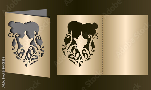 Laser cut template of wedding invitation card with bride, groom, flowers. Fold vector silhouette. Couple in love, faces in profile at Valentine's day. Panel for wood carving, paper cut, die cut stamp.
