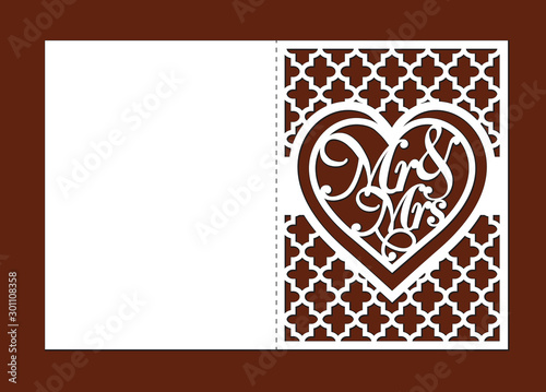 Laser cut template of wedding invitation card with Mr, Mrs, lattice with ogee ornament. Fold vector silhouette with heart for Valentine's day. Panel for wood carving, paper cut, die cut pattern.
