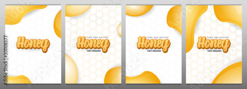 Set of Fresh Organic Honey liquid with honeycombs background.