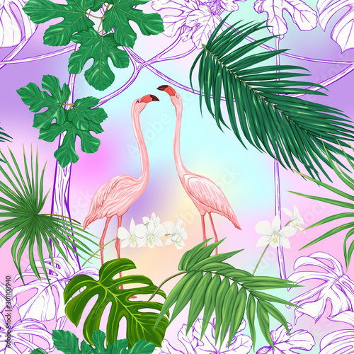 Seamless pattern, background. with tropical plants and flowers with white orchid and tropical birds In light ultra violet pastel mesh background. Colored and outline design. Vector illustration..