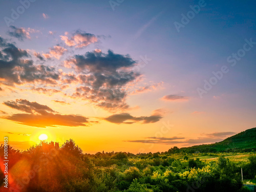 Beautiful Karpathian mountains and tender warm sunset sky