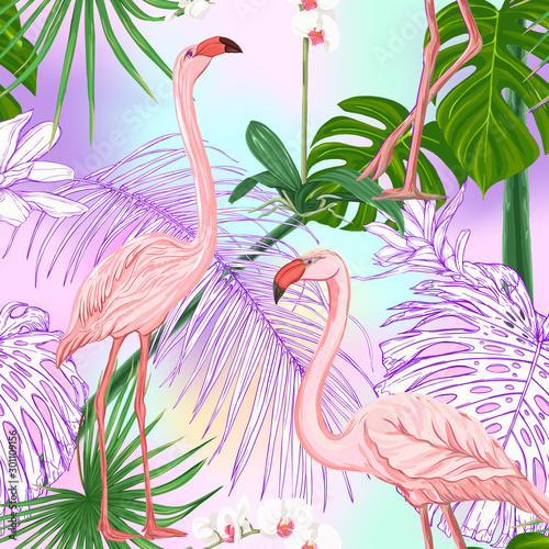Seamless pattern, background. with tropical plants and flowers with white orchid and tropical birds In light ultra violet pastel mesh background. Colored and outline design. Vector illustration..