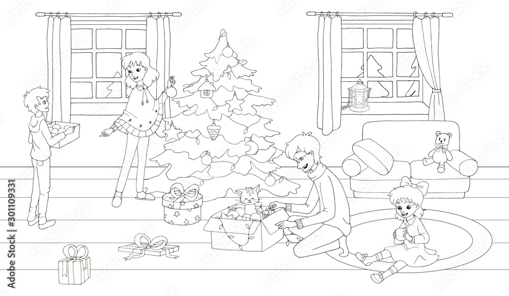 Dad and daughter unpack a box with tree toys. Mother and son decorate the Christmas tree. Family is getting ready for a New Year. White and black vector illustrations for coloring book.