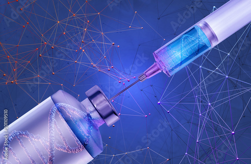 Vial and injection syringe with DNA chromosome. Health care research, gene editing, molecular biology science, cell genetic analysis, medical DNA genetic engineering technology science background. 3D photo