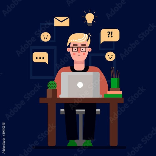 Manager, designer, programmer. operator man on the table. Flat