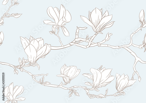 Magnolia tree branch with flowers. Seamless pattern, background. Outline hand drawing vector illustration. In vintage blue and beige colors.