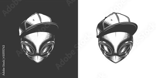 Original monochrome vector illustration of an alien in a fashionable stylish baseball cap in retro style.