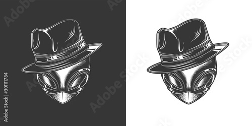 Original monochrome vector illustration of an alien in a fashionable stylish hat in retro style.