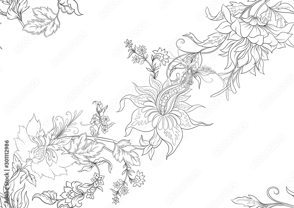 Fototapeta premium Fantasy flowers in retro, vintage, jacobean embroidery style. Seamless pattern, background. Outline hand drawing vector illustration..