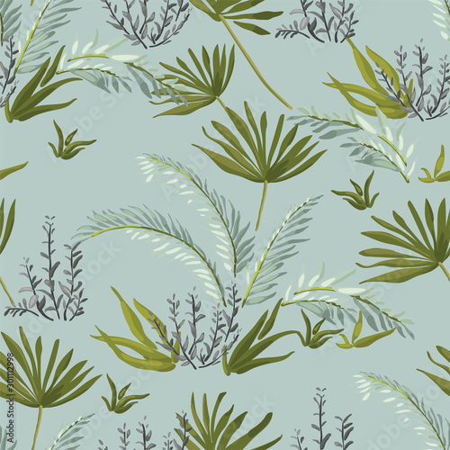 Vector tropical pattern for fabric and wallpaper with branches and palm trees.