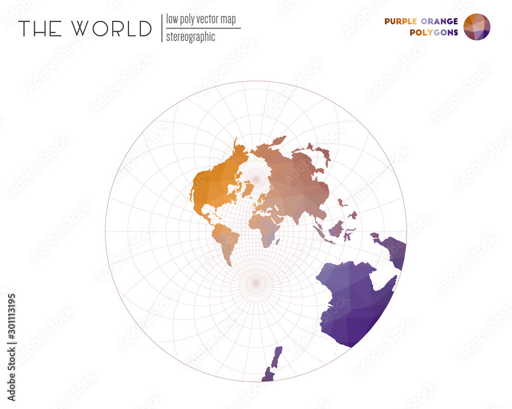 Low poly design of the world. Stereographic projection of the world. Purple and orange colored polygons. Modern vector illustration. Low poly design of the world. Stereographic projection of the world. Purple and orange colored polygons. Modern vector illustration.