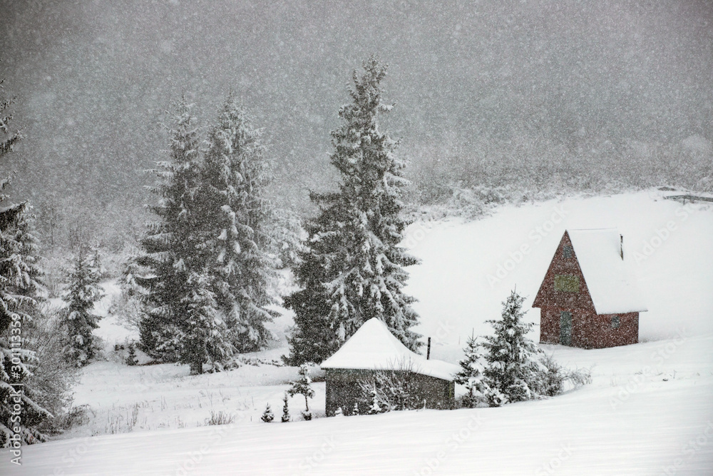 Snow covered hut in the mountains