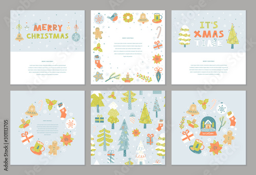 Set of hand drawn cute Christmas template