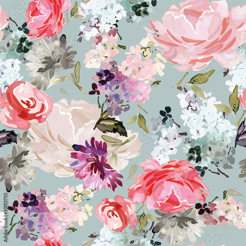 Vector seamless pattern with flower and plants in watercolor style.