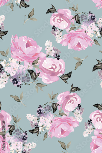 Vector seamless pattern with flower and plants in watercolor style.