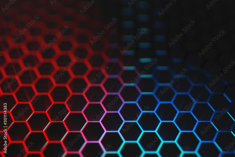 3d render blue and red light Hexagon Background