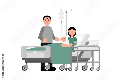 Family with new born baby in the modern delivery ward. Parent and their infant first moments in hospital. Isolated Vector.