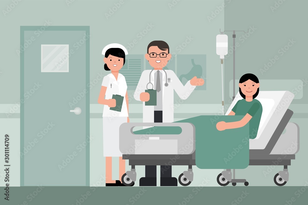 A doctor and nurse visits a patient lying on hospital bed. Woman resting In a Bed. Isolated flat cartoon style vector illustration. Sick lady with doctor and nurse.