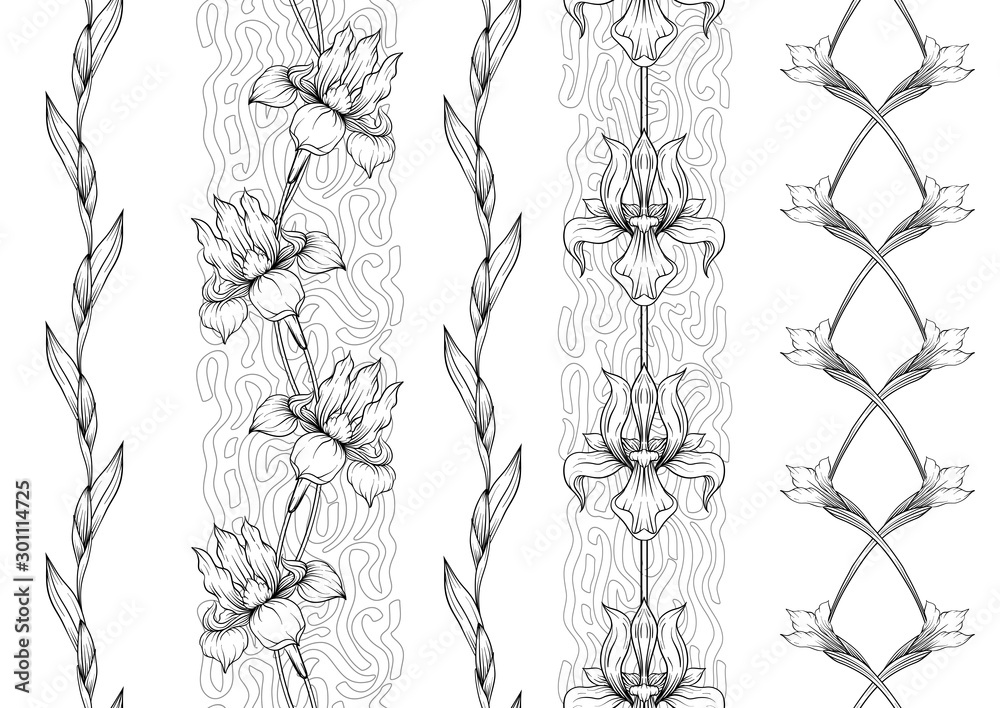 Iris flower, fleur-de-lis, flower-de-luce, flag. Seamless pattern, background. Outline hand drawing vector illustration. In art nouveau style, vintage, old, retro style. In botanical style. Iris flower, fleur-de-lis, flower-de-luce, flag. Seamless pattern, background. Outline hand drawing vector illustration. In art nouveau style, vintage, old, retro style. In botanical style.