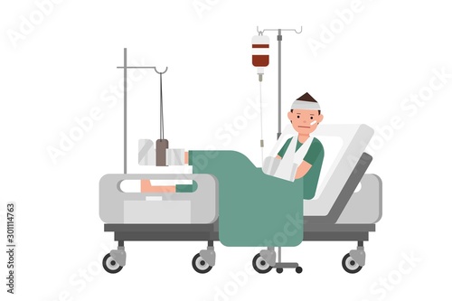 Patient with broken leg lying in hospital. Hospitalization of the patient. A sick person is in a bed. Vector 