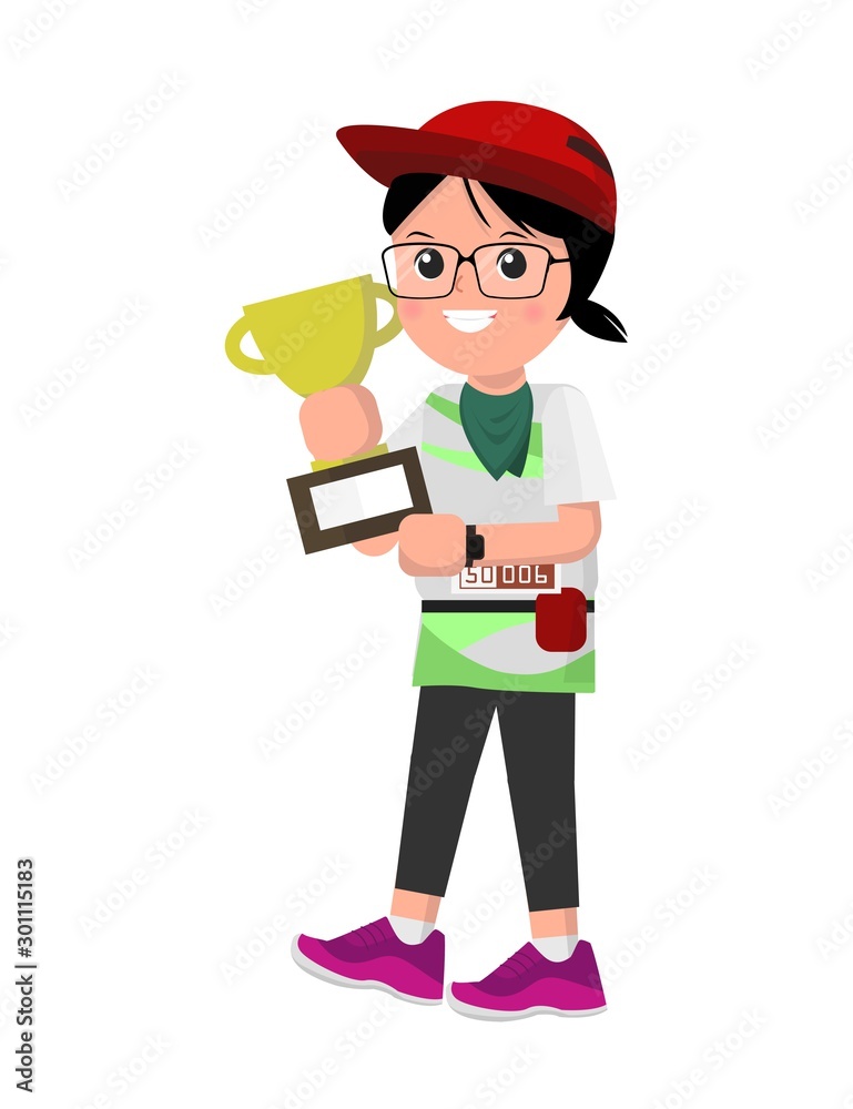Sport woman holding gold trophy cup award. Glasses woman with a red cap hold award. Isolated vector.