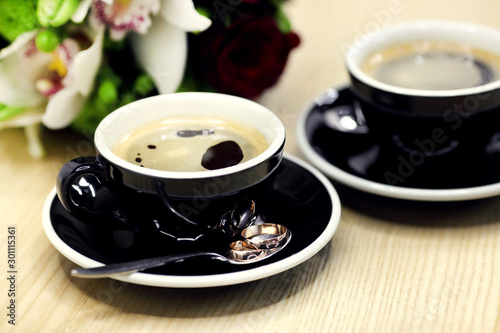 Bride and groom's Coffee time, coffee break. photo