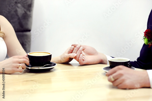 Bride and groom's Coffee time, coffee break. photo