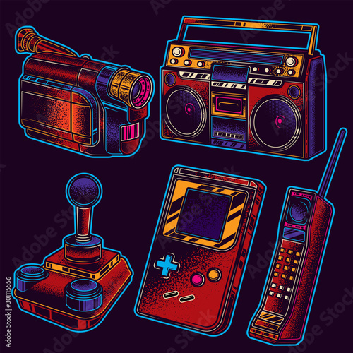 Original vector set of neon vintage retro illustrations of 80s and 90s.