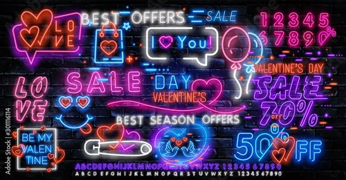 Valentines Day is a proposal, a collection of neon-style banner templates. Set neon signs, posters for shop design, colorful banner, neon advertising, flyers, leaflets, brochures. Vector