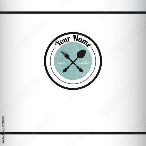 Crossed spoon and fork on white background. Vintage style. Cutlery sign. Logo design template photo