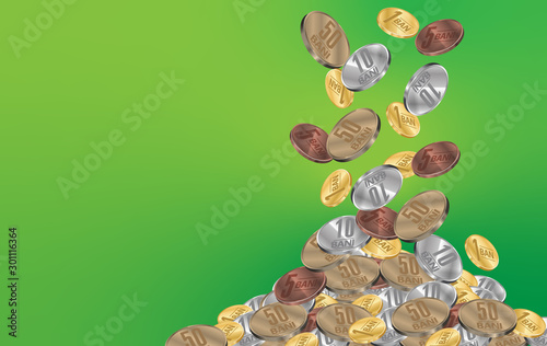 Money Prize Winner Concept Romanian Coins Raining Piling Down On Green Backdrop