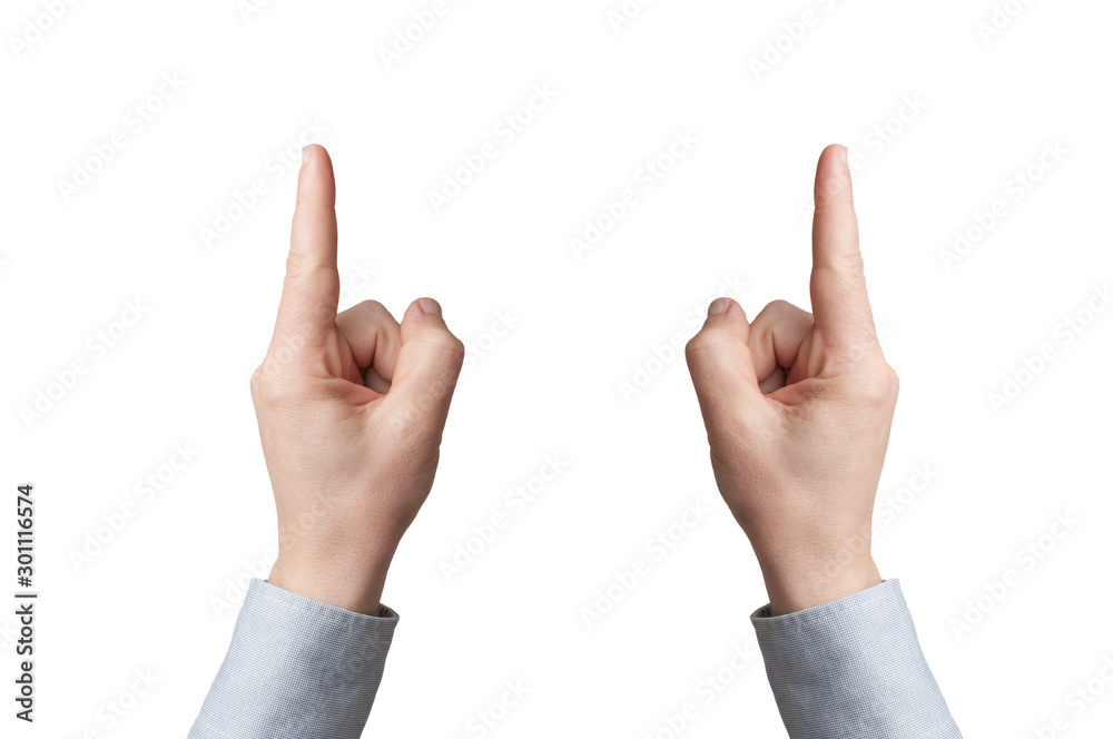 Man in blue shirt using two hands to show the size of something. White background