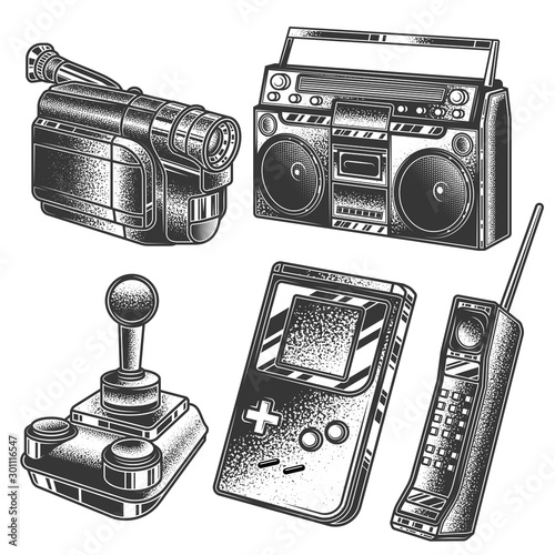 PrintOriginal monochrome vector retro set of illustrations in the style of the 80s and 90s.
