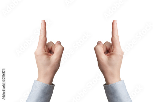 Man in blue shirt using two hands to show the size of something. White background